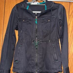 Athleta Womens Anorak Jacket Gray Zip Hooded Pockets Drawstring Waist Stretch XS